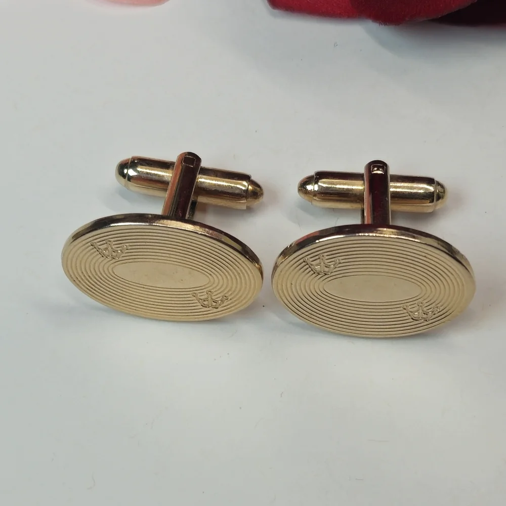 Vintage Gold Plated Oval Etched Crown Cuff Links